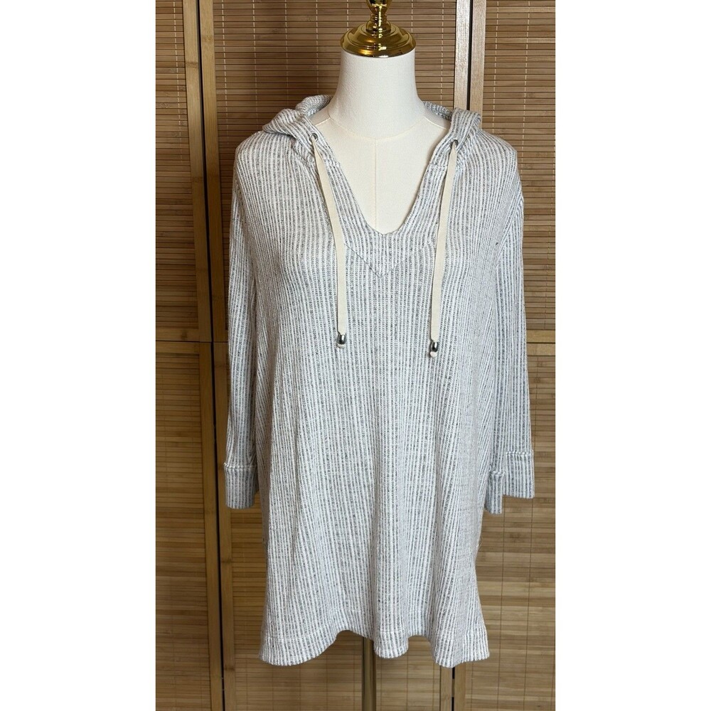 Women’s L Gray Striped Ribbed Knit Hoodie V-Neck Drawstring Coastal Beach